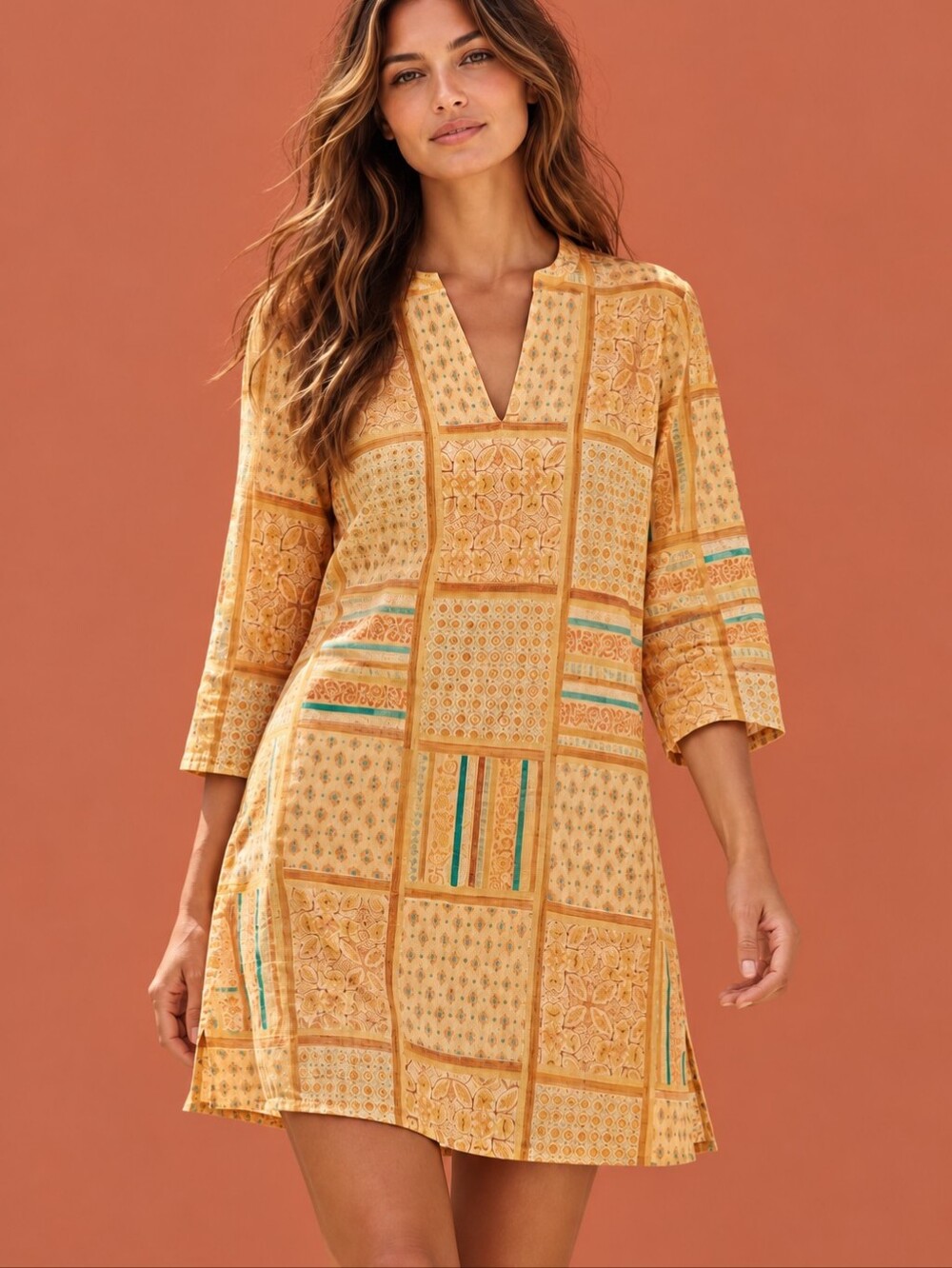 JULIA AMORY Mariah Tunic Swimsuit Cover Up Dress In Mango Patchwork Small - Picture 1 of 8